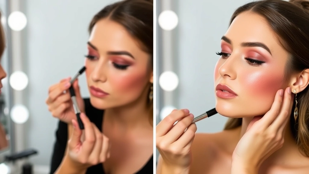 Professional makeup artist demonstrating the sculpting blush technique with two shades, showing deeper contour shade in cheek hollows and lighter blush on apples, creating dimensional cheekbones