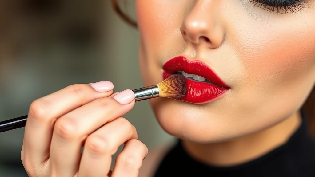 Woman applying classic red lipstick with precision using a lip brush, showing professional makeup technique with warm-toned makeup already applied, natural daylight setting