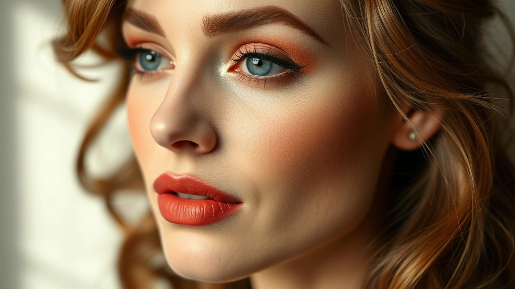 Finished Wisconsin Old Fashioned makeup look on a woman's face showing complete application with warm neutral eyeshadow, peachy blush, defined brows, and classic lipstick color, professional portrait lighting
