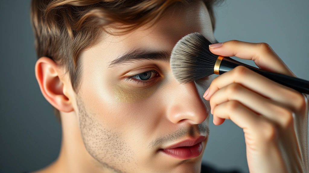 Male model applying shimmery gold eyeshadow with a fluffy brush, showing proper blending technique, professional makeup studio lighting, detailed hand positioning