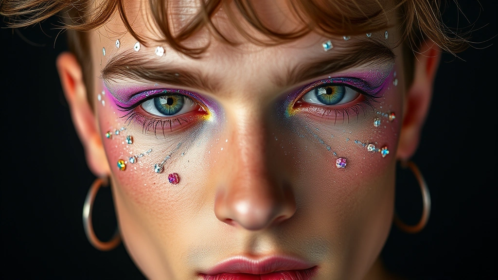 Man's face featuring complete Y2K makeup look with face gems, colored eyeliner, holographic glitter on lids, and styled hair, editorial beauty photography style