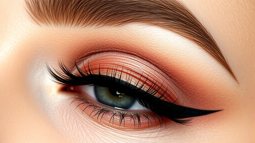 Close-up of expertly applied winged eyeliner and vintage-style eyeshadow in warm neutrals, showing defined crease and lifted eye appearance with matte finish