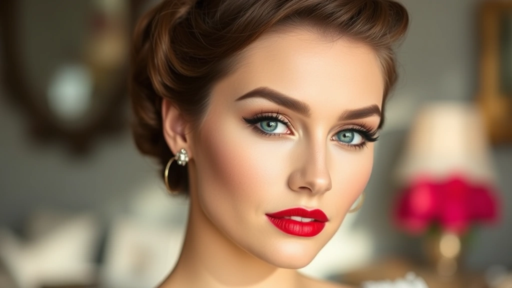 Completed vintage makeup look showing polished base, defined brows, neutral eyeshadow, and classic red lip color on model with natural lighting and soft focus background