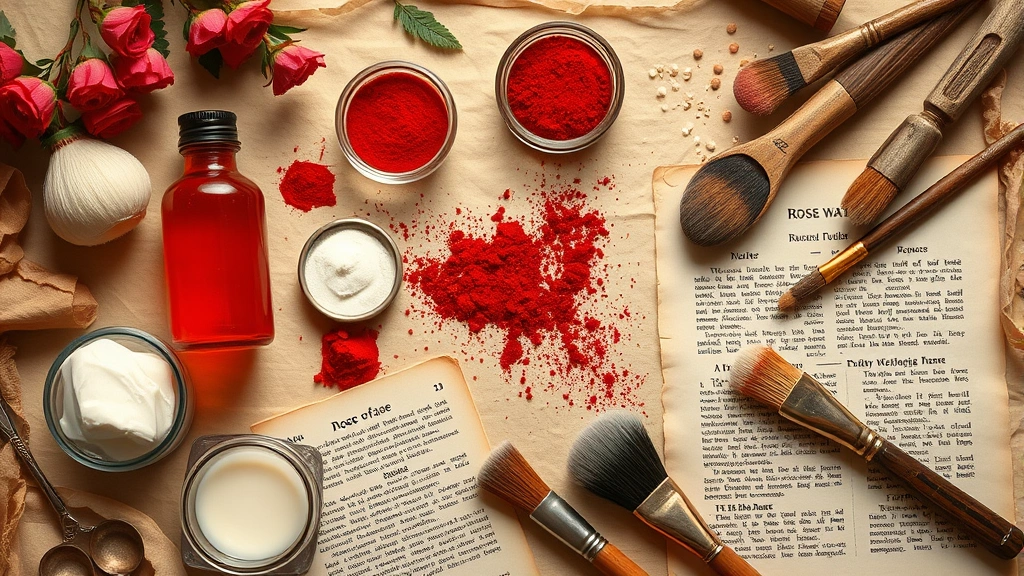 Overhead flat lay of historical beauty ingredients including rose water bottles, red pigment powders, white ceruse paste, natural brushes, vintage glass containers, aged parchment with makeup recipes, warm golden lighting