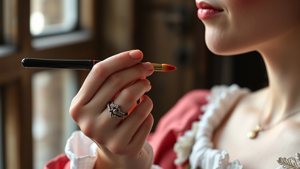 Renaissance woman's hand applying red cheek pigment with small brush, showing makeup technique detail, pale complexion visible, ornate rings on fingers, soft natural window lighting, historical beauty ritual in progress