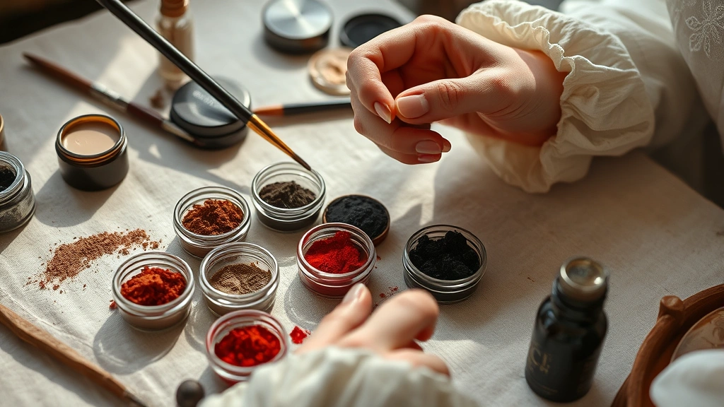 Detailed shot of 17th century makeup application: hands using period-appropriate brushes to apply pigments, various small containers with cosmetic products visible, cochineal red pigment, charcoal for eyes, pale foundation base, luxurious oils and preparations, arranged on a vanity table with natural light