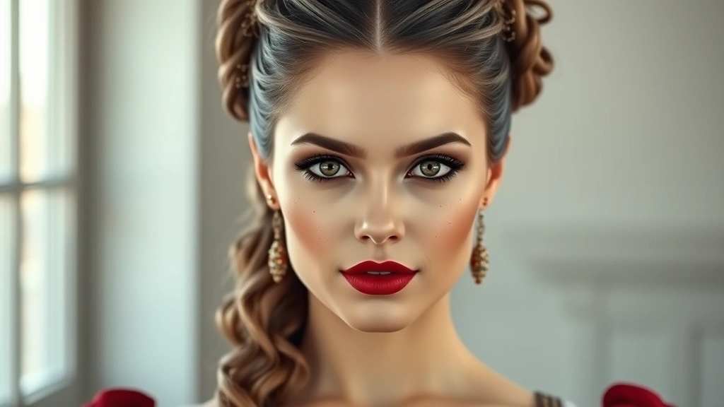 Portrait-style image of a woman embodying 17th century beauty: full face view showing the complete makeup look with pale base, defined eyes with dark shadow, bold red lips, beauty marks strategically placed, high forehead, elaborate upswept hairstyle with ornamental accessories, wearing period clothing neckline, soft window lighting creating dimension