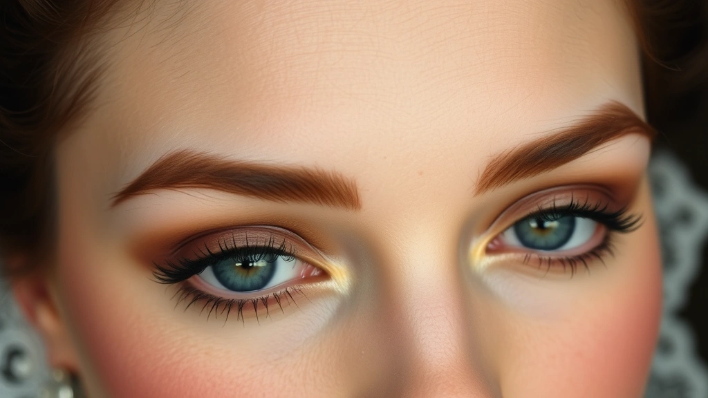 Close-up of 1830s-inspired makeup featuring soft brown eyeshadow, defined upper lash line, delicate rose-tinted lips, and natural-looking blush on fair skin with vintage beauty accessories