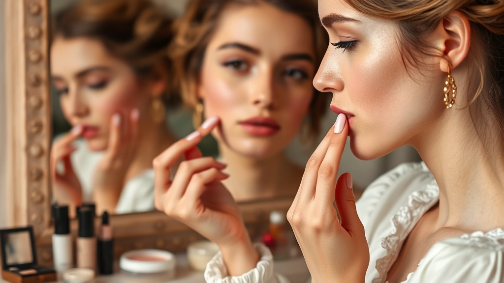 A woman demonstrating historical makeup application techniques with her fingertips applying soft pink cream blush to cheeks, surrounded by vintage cosmetic products and a mirror reflecting the natural, effortless beauty aesthetic