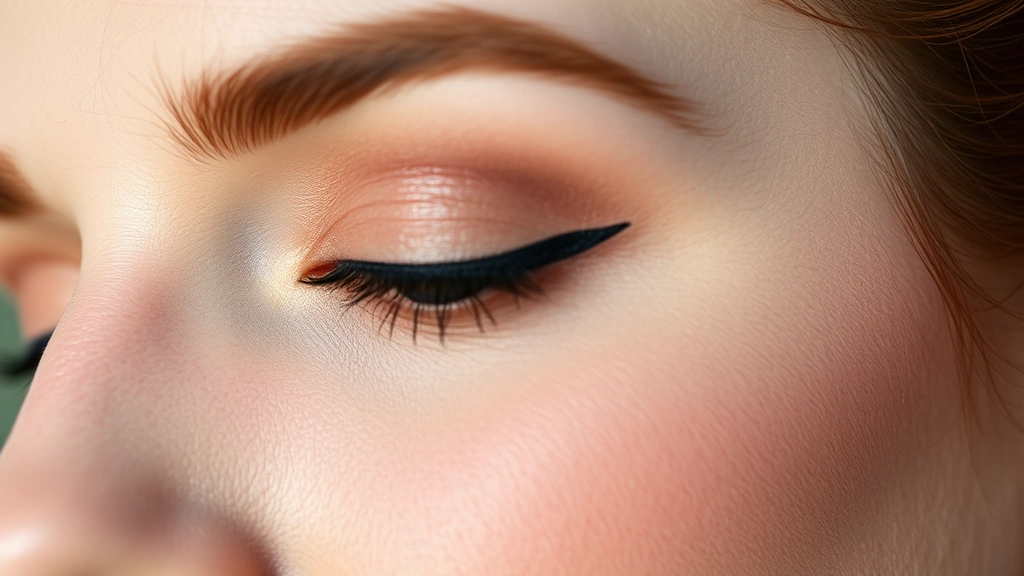 Close-up of 1870s makeup application showing defined kohl-lined eyes with soft eyeshadow, arched eyebrows, and porcelain pale skin texture with subtle blush, professional beauty photography