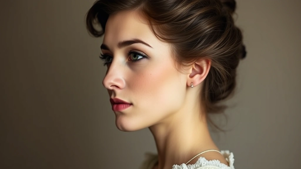 Profile portrait of 1870s woman showcasing full beauty routine results—pale powdered face, darkened eyes with period-appropriate lining, natural lip stain, beauty mark detail, studio lighting