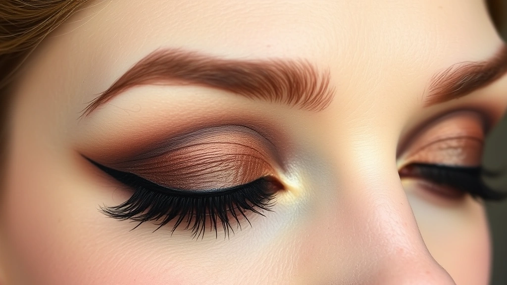Beauty shot showing detailed 1880s eye makeup application with heavy kohl eyeliner, dark brown eyeshadow blended in the crease, pale matte foundation, and the characteristic hooded eye shape of the Victorian era
