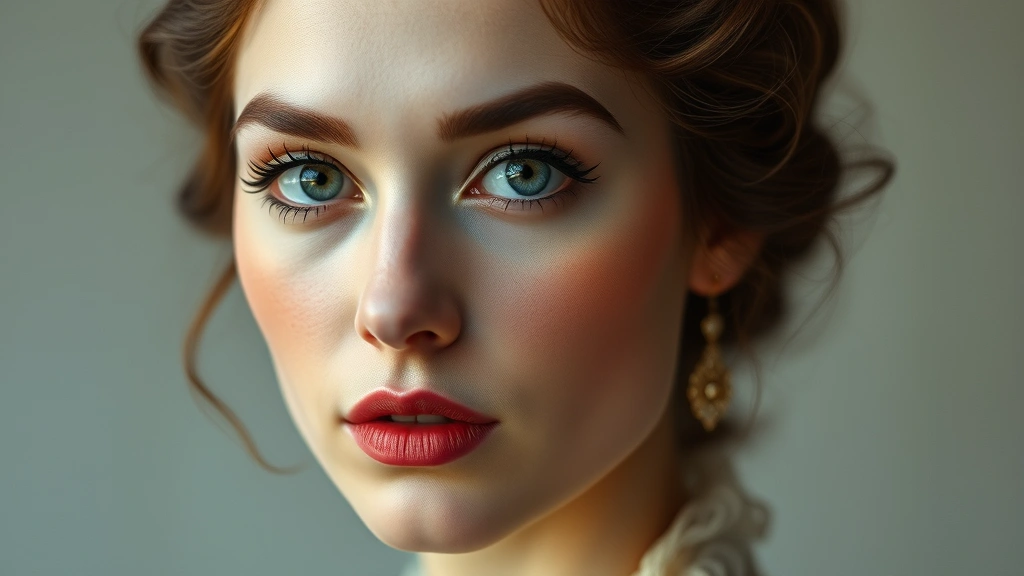 Full face portrait of a woman wearing complete 1880s inspired makeup with pale matte complexion, defined dramatic eyes with extended eyeliner, subtle rose-tinted lips, and soft cheek flush demonstrating authentic Victorian beauty aesthetics
