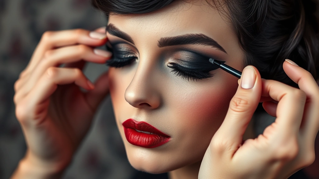Vintage-style makeup application showing hands applying dark kohl eyeliner and black eyeshadow with precision, demonstrating authentic 1920s eye makeup technique on model's face