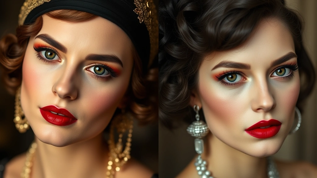 Split-screen comparison showing 1920s flapper makeup aesthetic on left side and modern interpretation of the same look on right side, highlighting evolution while maintaining core dramatic elements