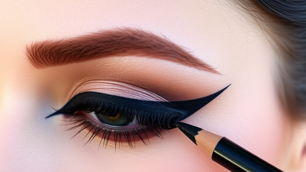 Detailed shot of 1920s flapper eye makeup application showing graphic black eyeliner creating geometric shapes, thick mascara-coated lashes, dark eyeshadow in the crease, and defined eyebrow pencil work, natural lighting highlighting the precise makeup artistry