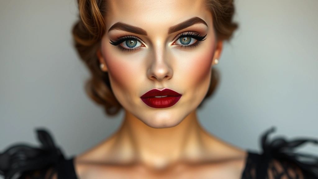 Full-face portrait of a woman wearing complete 1920s makeup look including thin high-arched eyebrows, heavily kohled eyes with extended wings, bold burgundy matte lips, rosy cream blush on cheekbones, powdered matte complexion, styled finger waves in hair, professional beauty photography