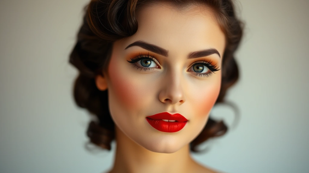 Portrait of a woman with complete 1930s glamour makeup including full face powder base, warm blush, dramatic mascara, and classic red lip color, styled hair, soft diffused lighting