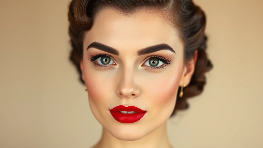 Full face 1940s makeup look with bold red lips, defined brows, dramatic eyes, and porcelain complexion on woman against soft neutral background