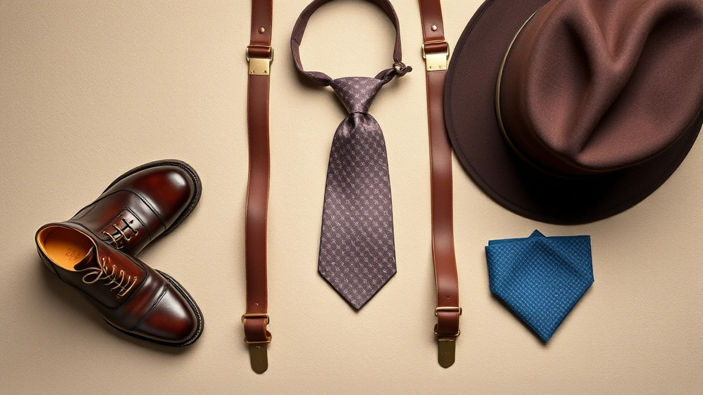 Overhead flat lay of vintage 1940s men's accessories including polished oxford shoes, silk necktie with subtle pattern, fedora hat, leather suspenders, and pocket square arranged on neutral background
