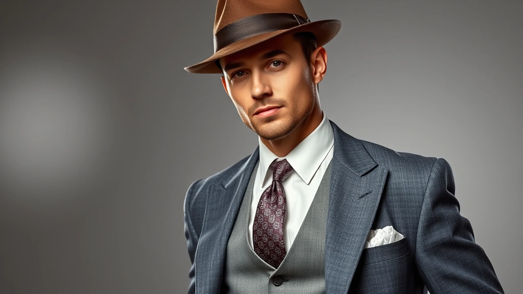Professional portrait of man wearing classic 1940s-inspired suit with broad shoulders, high-waisted trousers, crisp white dress shirt, patterned silk tie, and fedora hat in studio lighting