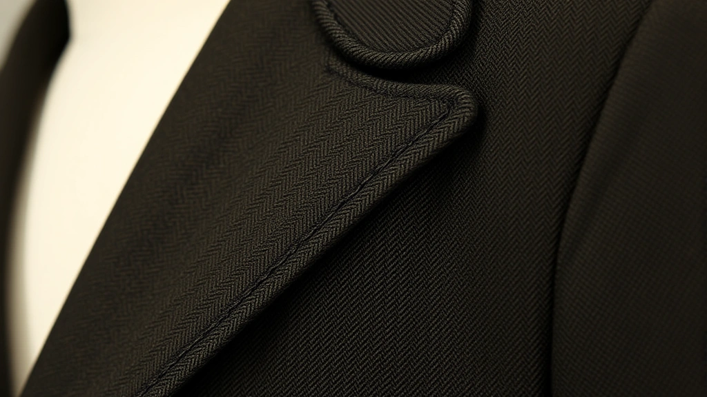 Close-up detail shot of tailored 1940s suit jacket showing notch lapels, button placement, structured shoulder construction, and quality wool fabric texture