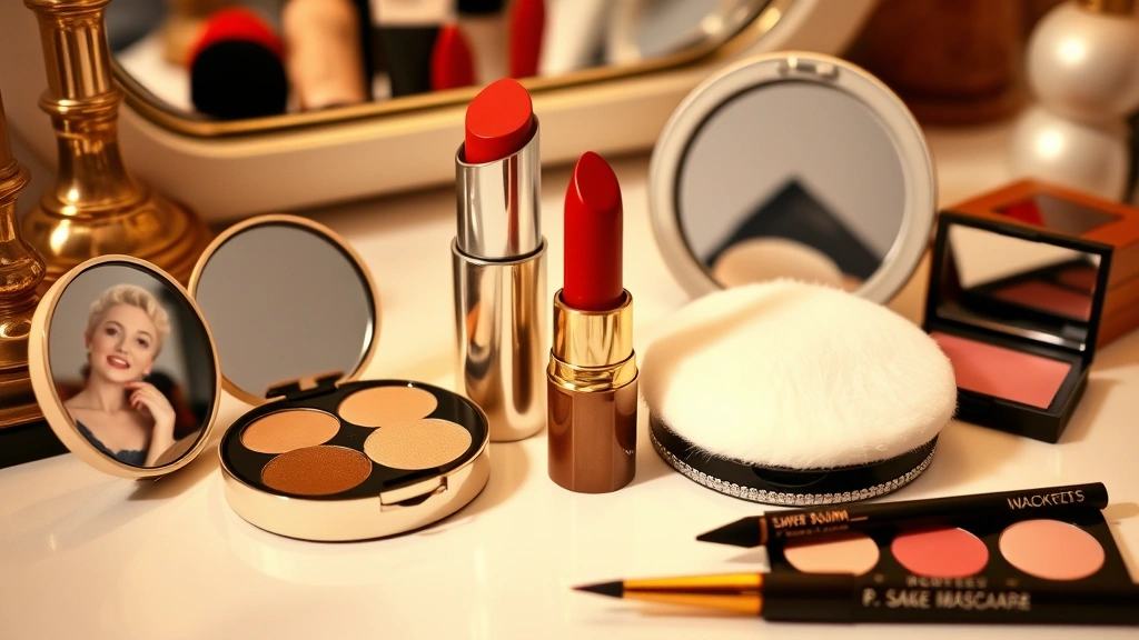 Vintage beauty setup showing 1940s makeup products arranged artfully: cake mascara compact, cream foundation, red lipstick, blush, powder puff, and eyeliner pencil on a vanity table with soft warm lighting
