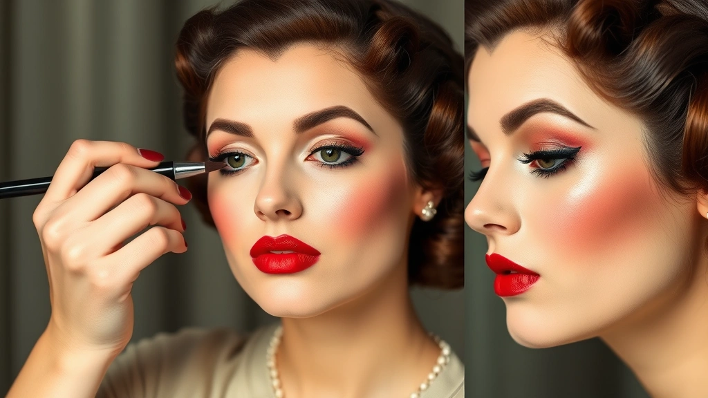 Woman demonstrating 1940s makeup application technique, showing precise lip liner application creating defined lip shape, concentrated blush placement on cheekbones, and finished dramatic eye makeup with visible mascara separation