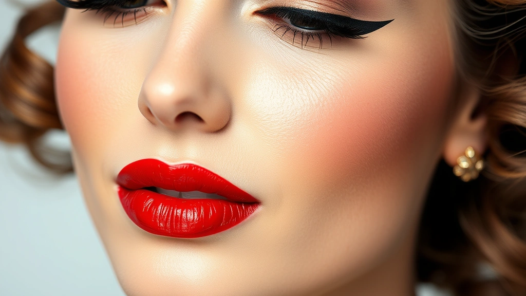 Close-up of a woman's face with perfectly applied 1950s makeup: dramatic winged eyeliner in black, bold red lipstick with defined lip line, sculpted thin eyebrows, shimmery champagne eyeshadow, and rosy cheeks. Professional studio lighting, porcelain complexion, vintage aesthetic.