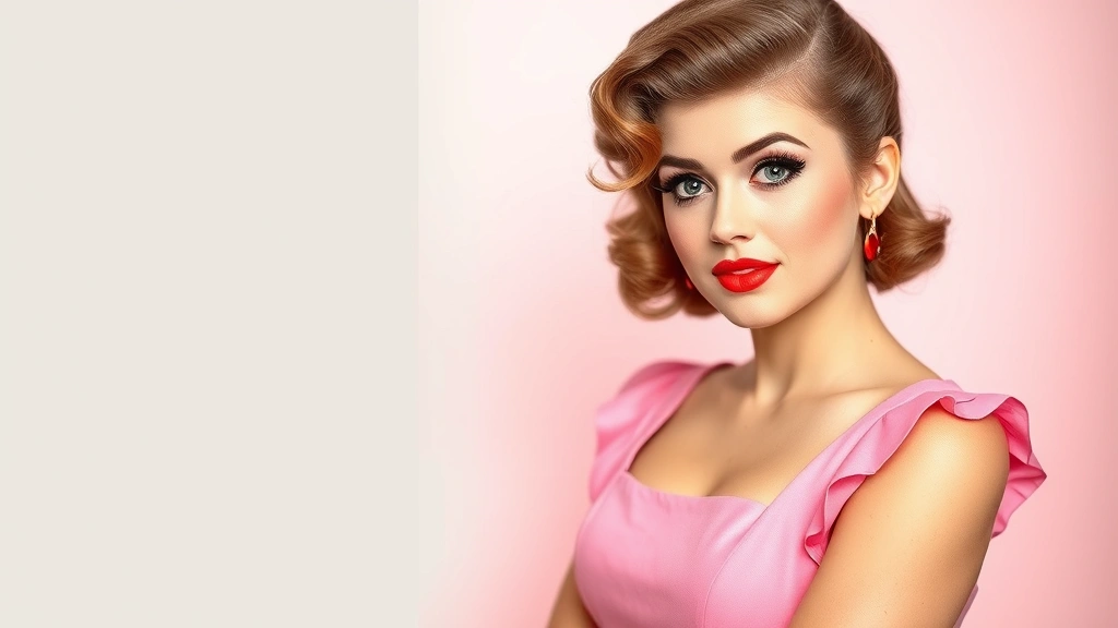 Woman wearing a pink poodle skirt with matching 1950s-inspired makeup including cat-eye eyeliner, coral-pink lipstick, and styled hair. She's posing against a retro pastel background, embodying the youthful, playful energy of 1950s teen culture.