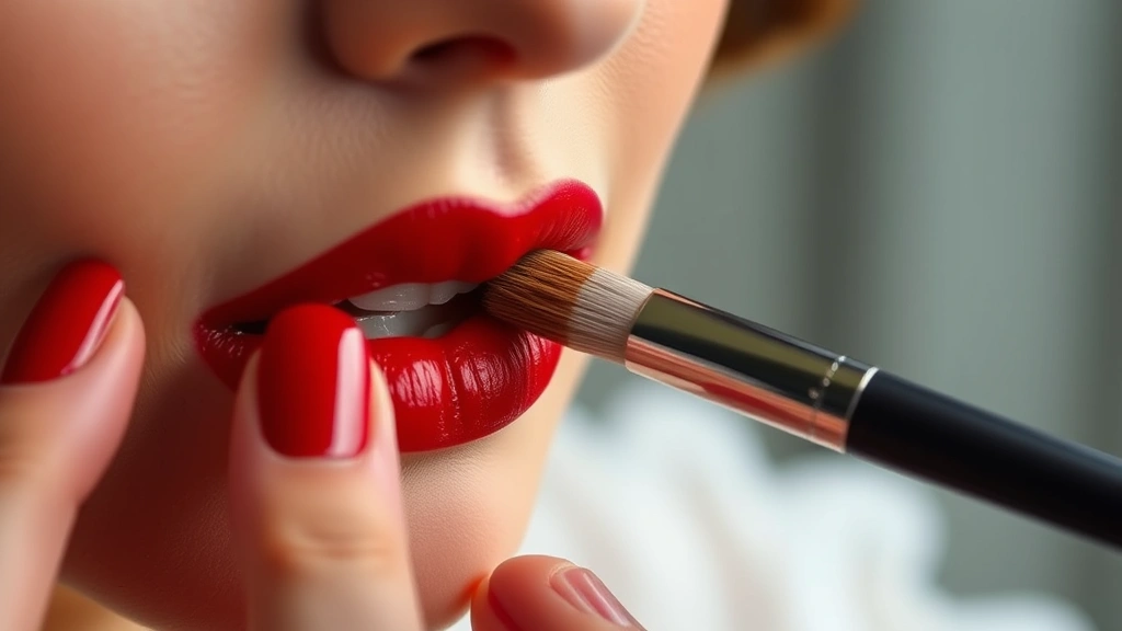 Detailed shot of 1950s makeup application: a makeup brush applying red lipstick with precision, showing the technique of lip lining and filling. Classic red shade, professional makeup artist hands, close-up beauty photography with soft lighting.