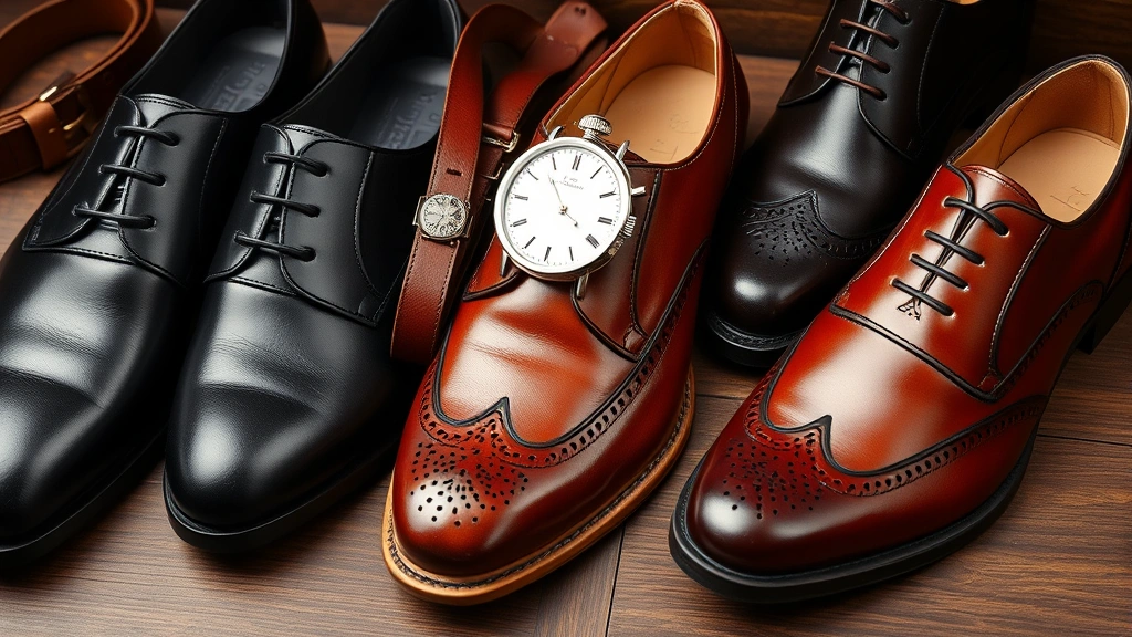 Vintage-inspired men's footwear display: polished black leather oxfords, brown penny loafers, and wingtip shoes arranged artfully with a leather belt and quality wristwatch, close-up detail photography