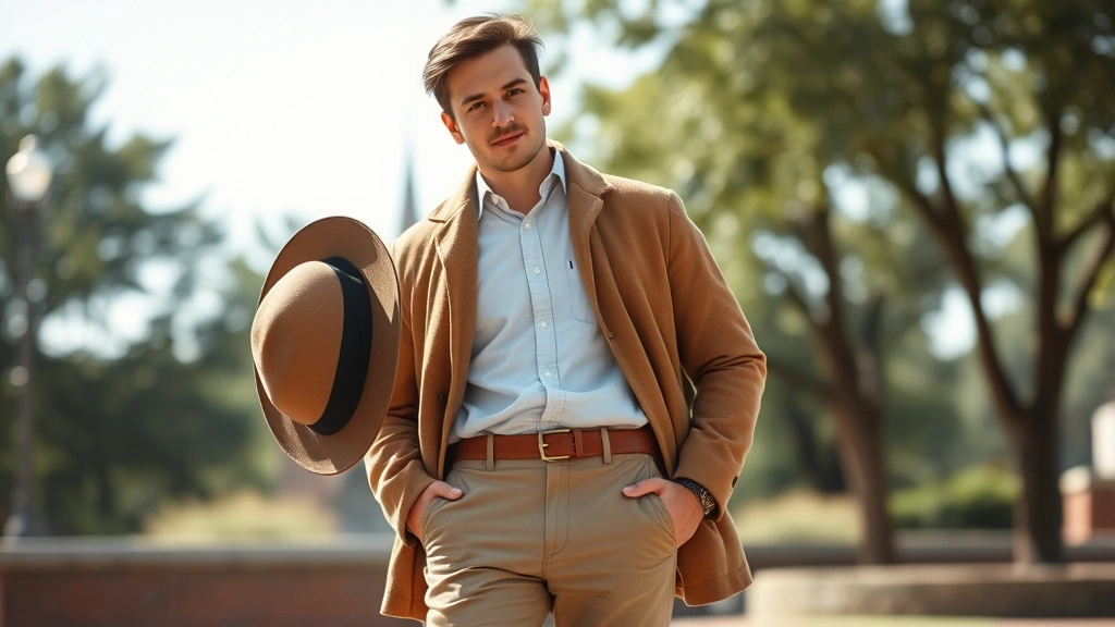 Casual 1950s weekend style: man wearing a sport coat over oxford cloth button-down shirt with chinos, holding a vintage fedora, relaxed pose in natural daylight, approachable yet polished appearance