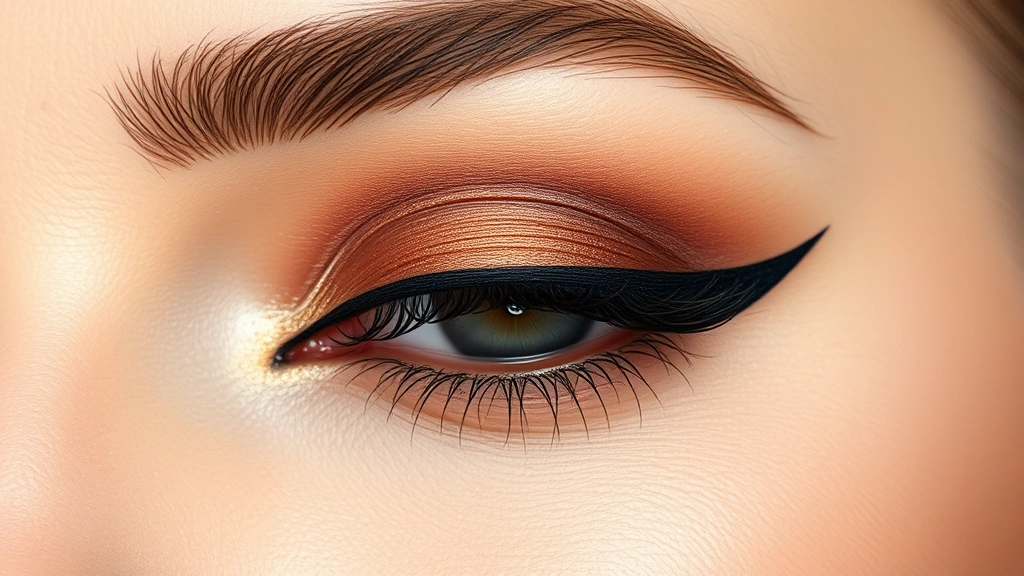 Close-up of perfectly applied winged black eyeliner on a woman's eye with bronze and gold eyeshadow, well-lit studio photography, flawless skin