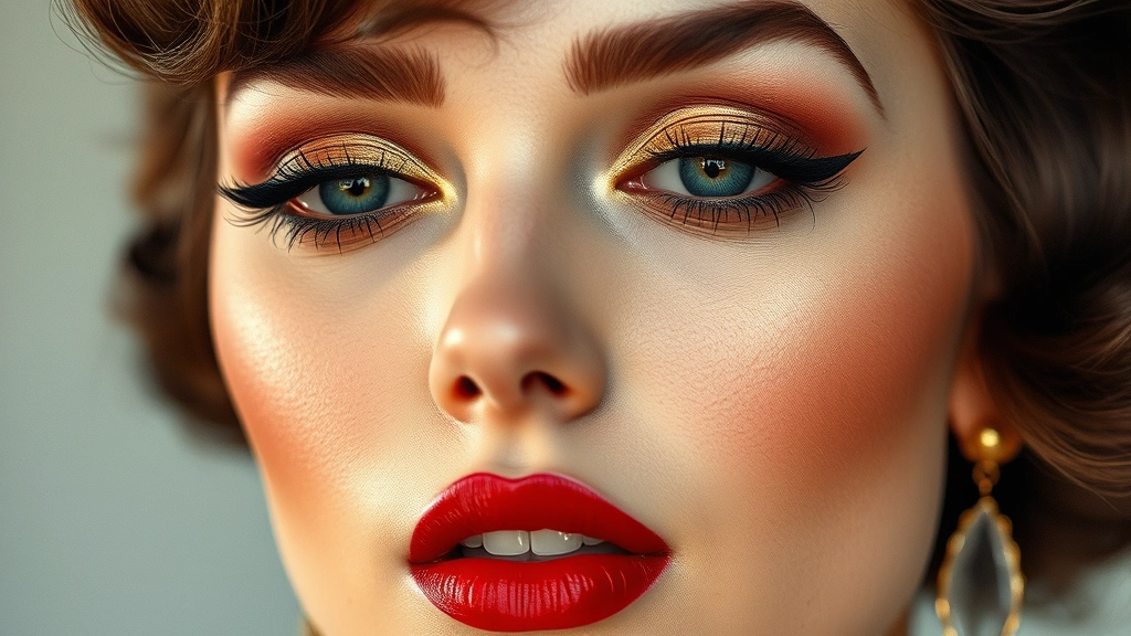 Woman's face showing complete 1960s makeup look with pale foundation, dramatic winged eyeliner, metallic gold eyeshadow, and bold red lipstick, professional beauty photography