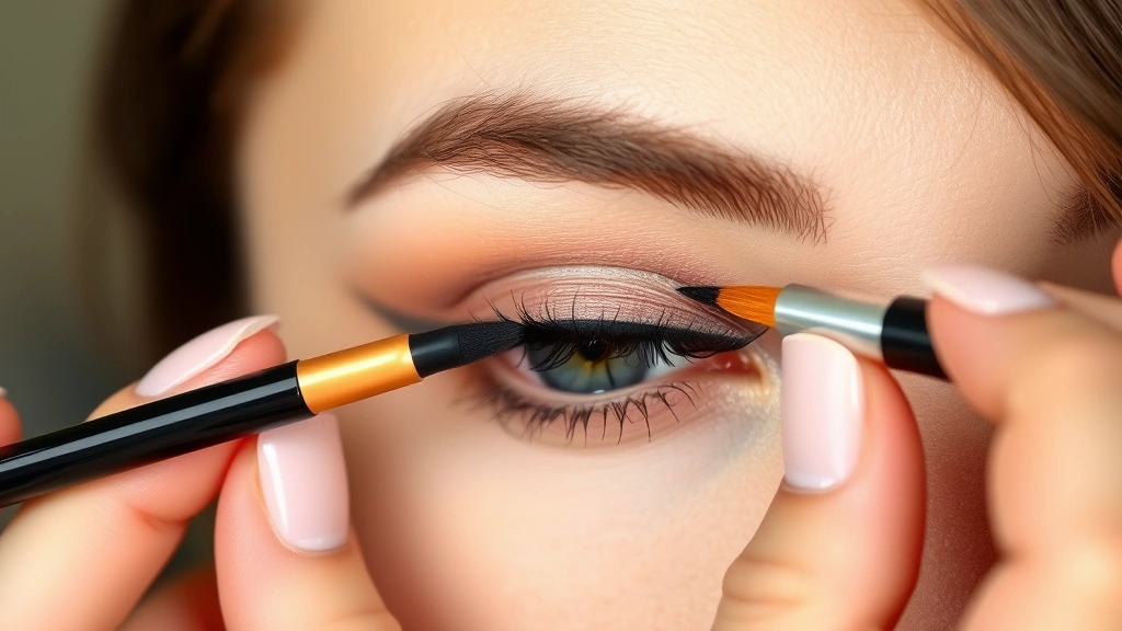 Hands demonstrating precise eyeliner brush technique on an eye, showing the wing application process with liquid eyeliner, detailed close-up photography