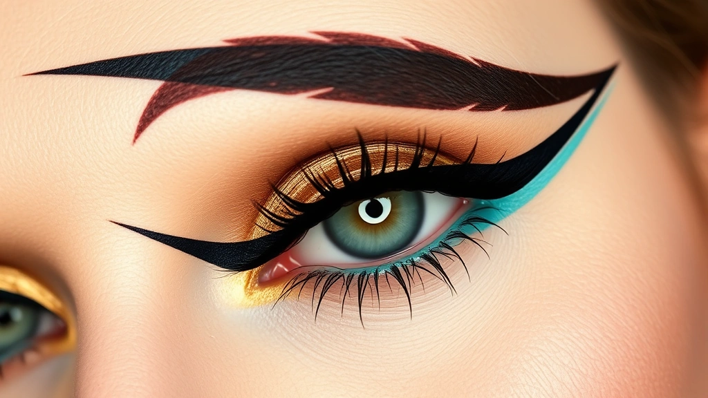 Detailed view of bold graphic black eyeliner with extended wing, layered with white and gold eyeshadow, vibrant turquoise cream shadow on lid, dramatic 60s eye makeup