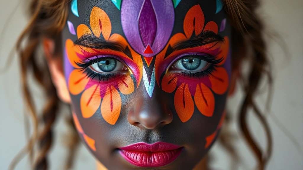 Full face shot of psychedelic-inspired face painting with flower petal designs radiating from eyes in purple and orange, geometric patterns on cheeks, peaceful artistic expression