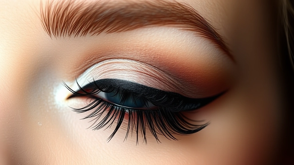 Beauty shot showing lower lash emphasis with false lashes, thick black mascara, and white eyeshadow highlight on inner corner creating doe-eyed effect