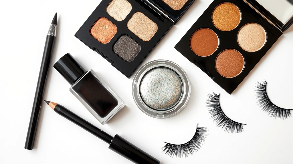 Flat lay arrangement of vintage-inspired makeup products: black liquid eyeliner, metallic silver and gold eyeshadow palettes, black mascara, and false lashes on white background