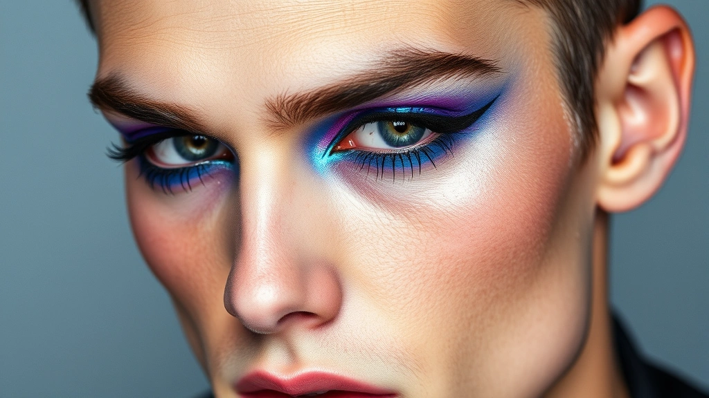 Close-up of male model with dramatic 80s makeup featuring bright blue and purple eyeshadow, sharp black eyeliner extending outward, and metallic highlighter on cheekbones, professional studio lighting