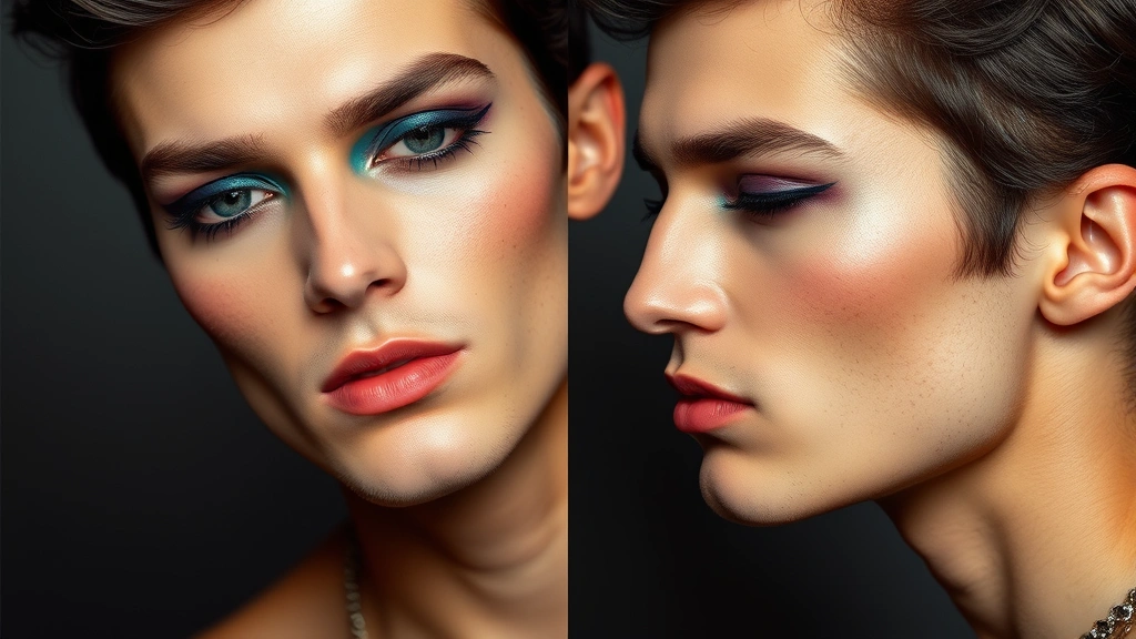 Male model demonstrating 80s makeup application with geometric eyeliner shapes, contrasting jewel-tone eyeshadows in teal and deep purple, defined cheekbones with shimmer highlight, three-quarter profile view