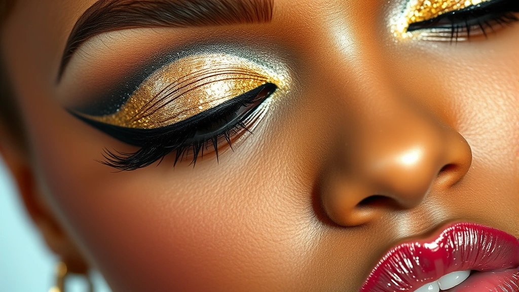 Close-up of vibrant shimmer eyeshadow in metallic gold and silver applied on eyelids with black eyeliner and glossy lip gloss, representing iconic 2000s hip hop makeup aesthetic