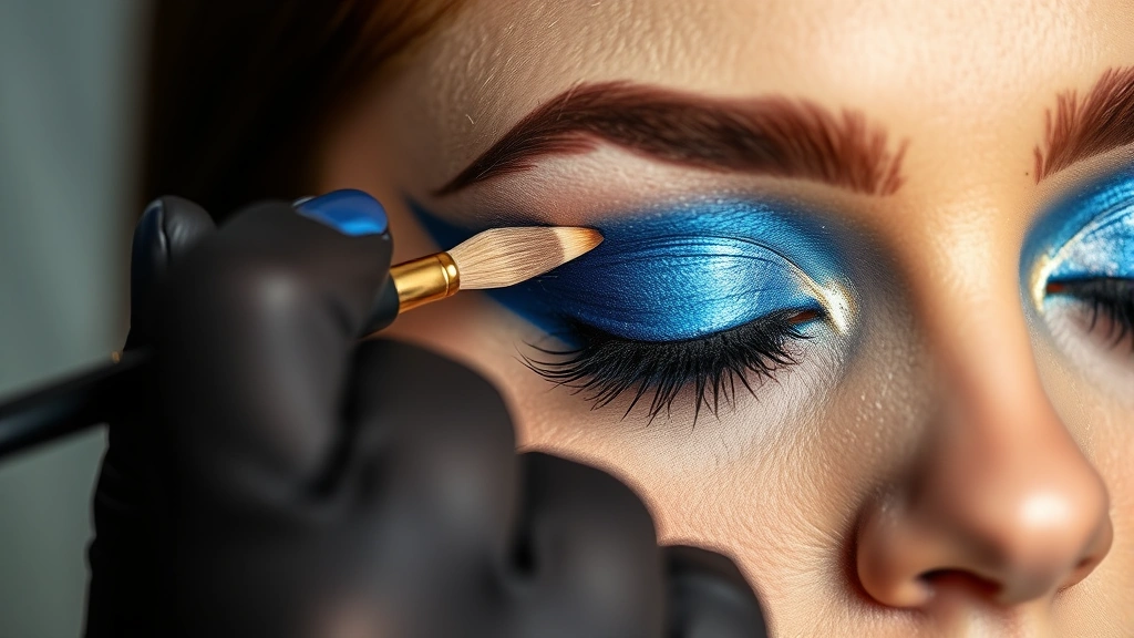 Professional makeup artist applying bold blue metallic eyeshadow with precision brush technique on model's eyelid, showcasing 2000s hip hop eye makeup artistry and color blocking method