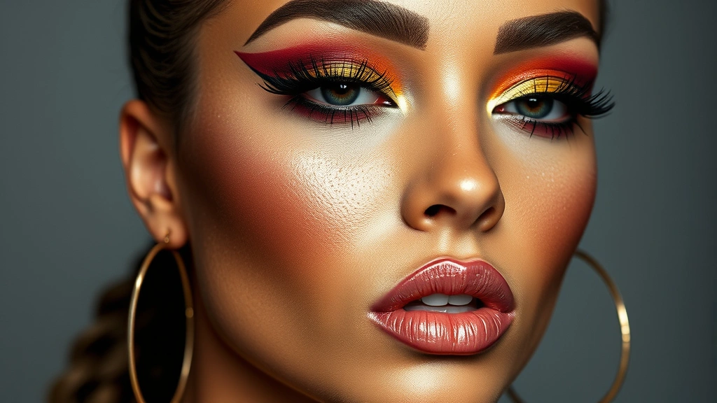 Full face portrait of 2000s hip hop inspired makeup featuring thick defined eyebrows, shimmering eyeshadow in jewel tones, glossy nude-shimmer lips, and radiant glowing skin with strategic highlighting