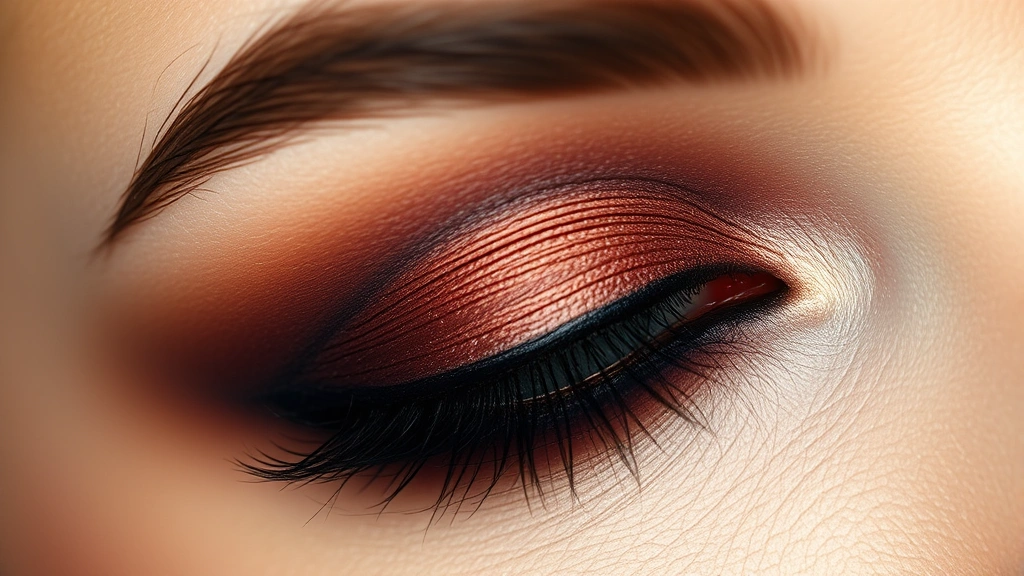 Close-up of a woman's eye with a blended smoky eyeshadow in warm browns and blacks, perfectly diffused gradient from lid to crease, soft lighting highlighting the texture and dimension of the eyeshadow, professional makeup application