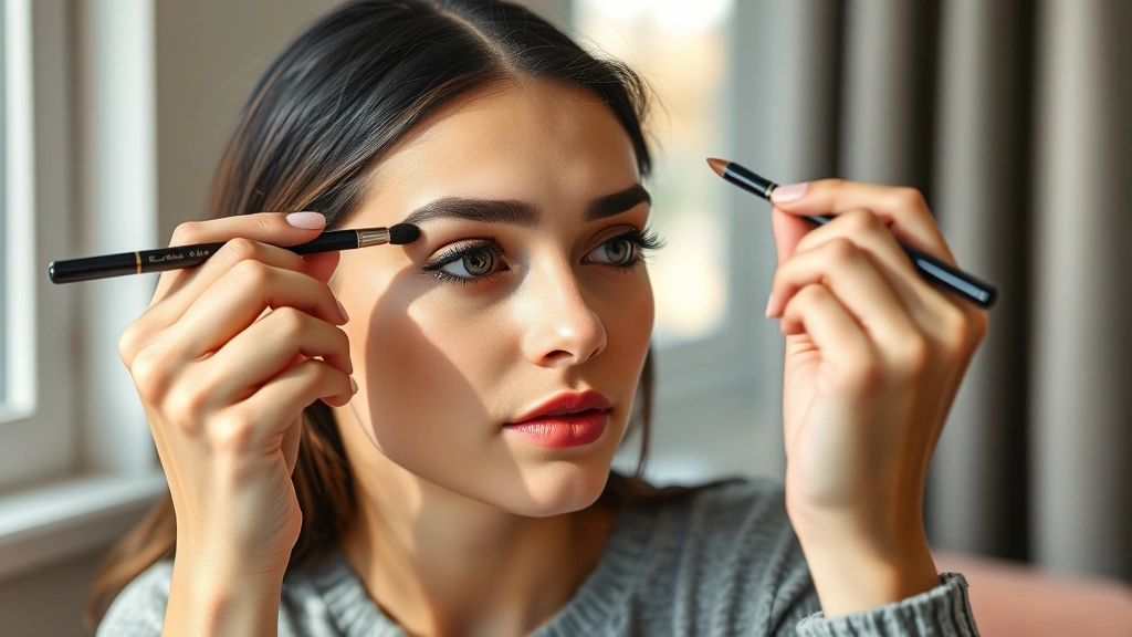 A young woman applying bold black eyeliner to her upper lash line with precision, sitting in natural window light, focused expression, showing the technique of creating defined liner, makeup brush in hand