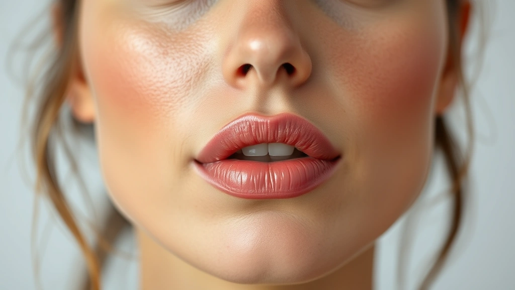 Woman's face showing a glossy pink lip with visible shine and dimension, natural skin with warm bronzed glow on cheekbones and temples, fresh dewy complexion, professional beauty photography with soft studio lighting