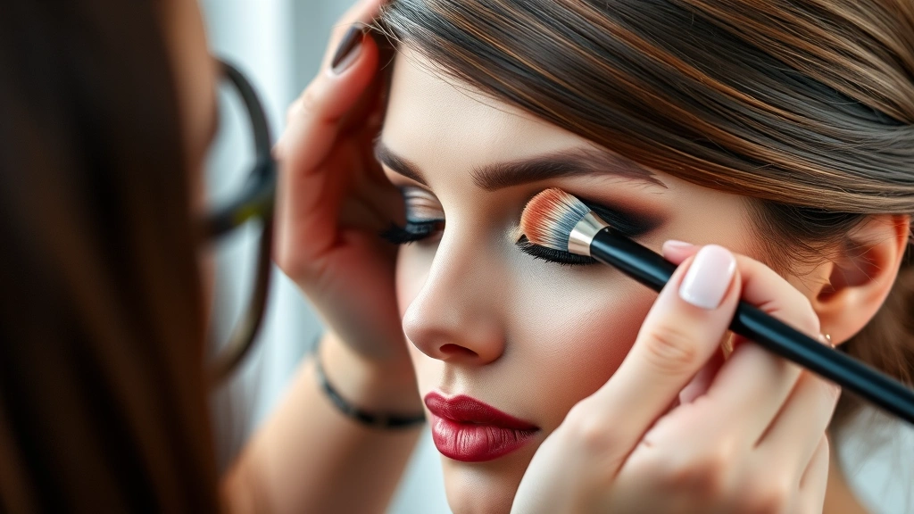 Professional makeup artist applying smoky eyeshadow with blending brush on model's eyelid, charcoal and bronze tones visible, natural lighting studio setting