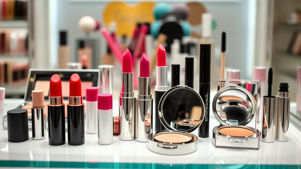Beauty counter display featuring 2007-era glossy lip products, bronzer compacts, and mascara tubes arranged aesthetically with soft diffused lighting